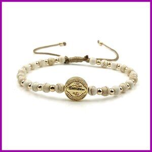 Adjustable Saint Benedict Coin Bracelet with Beads, Spiritual Jewelry